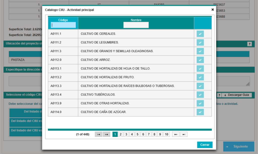 Catálogo CIIU actividad principal en el SUIA MAE Ecuador