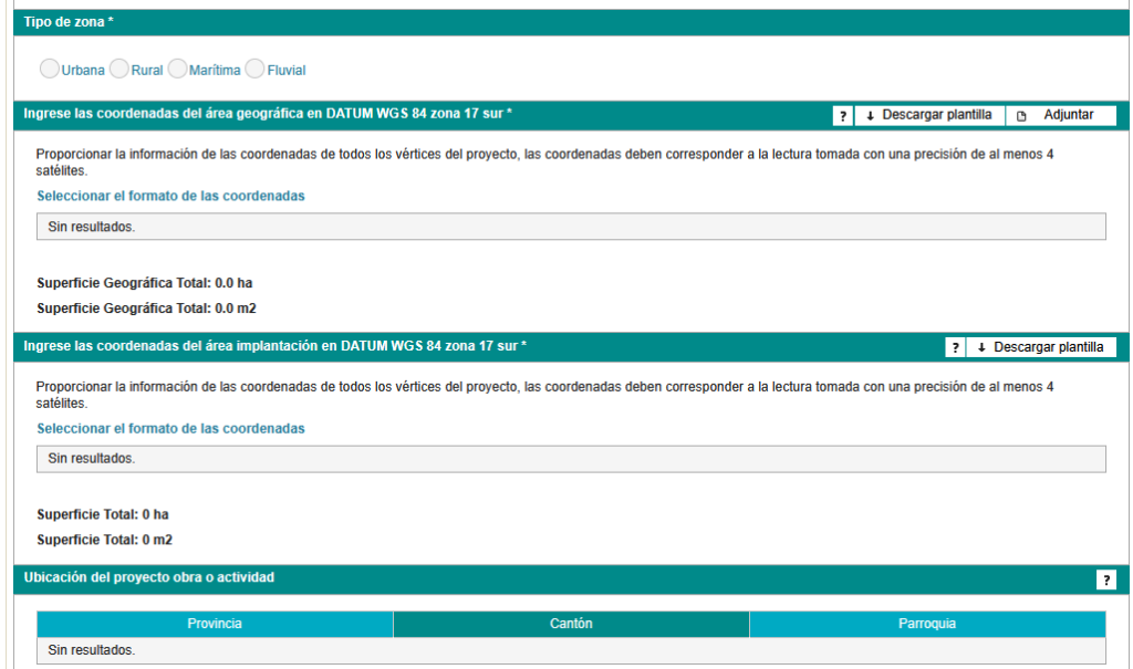 Formulario de coordenadas UTM área geográfica e implantación en el SUIA Ecuador