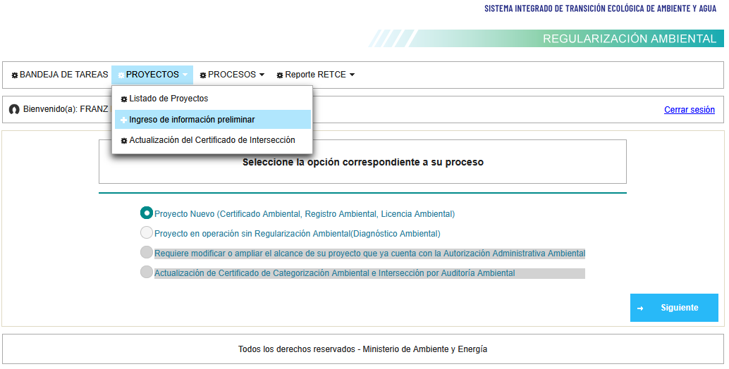 Menú Proyectos e Ingreso de información preliminar en el SUIA MAE Ecuador